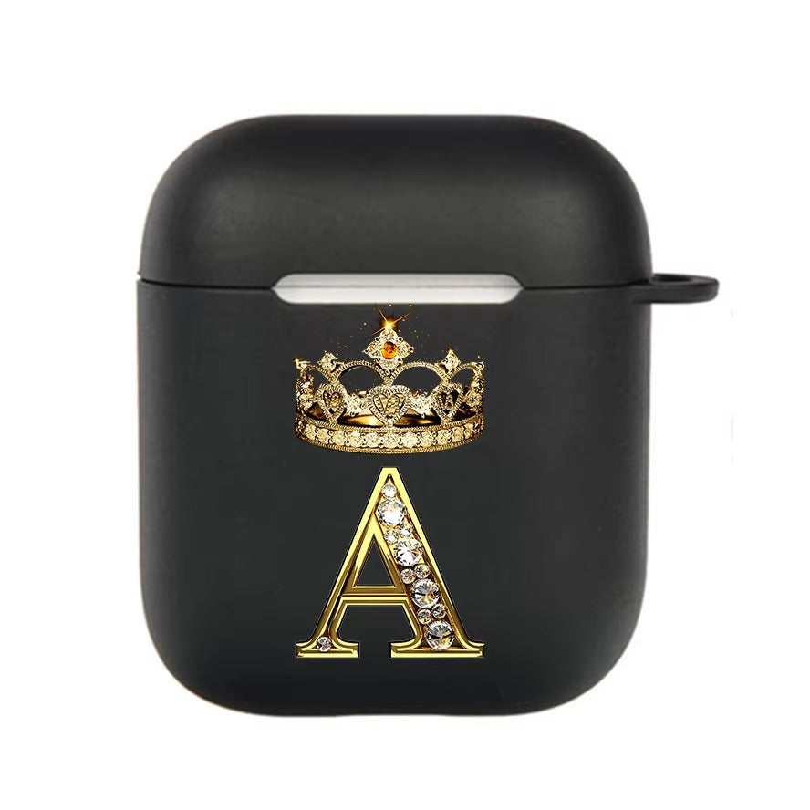 Luxury Diamond Letter AirPods Case with Hook – Black TPU Protective Cover for AirPods Pro 2, Pro, 3, 1/2, A–Z Initial Design, Scratch-Resistant, Easy Access Charging