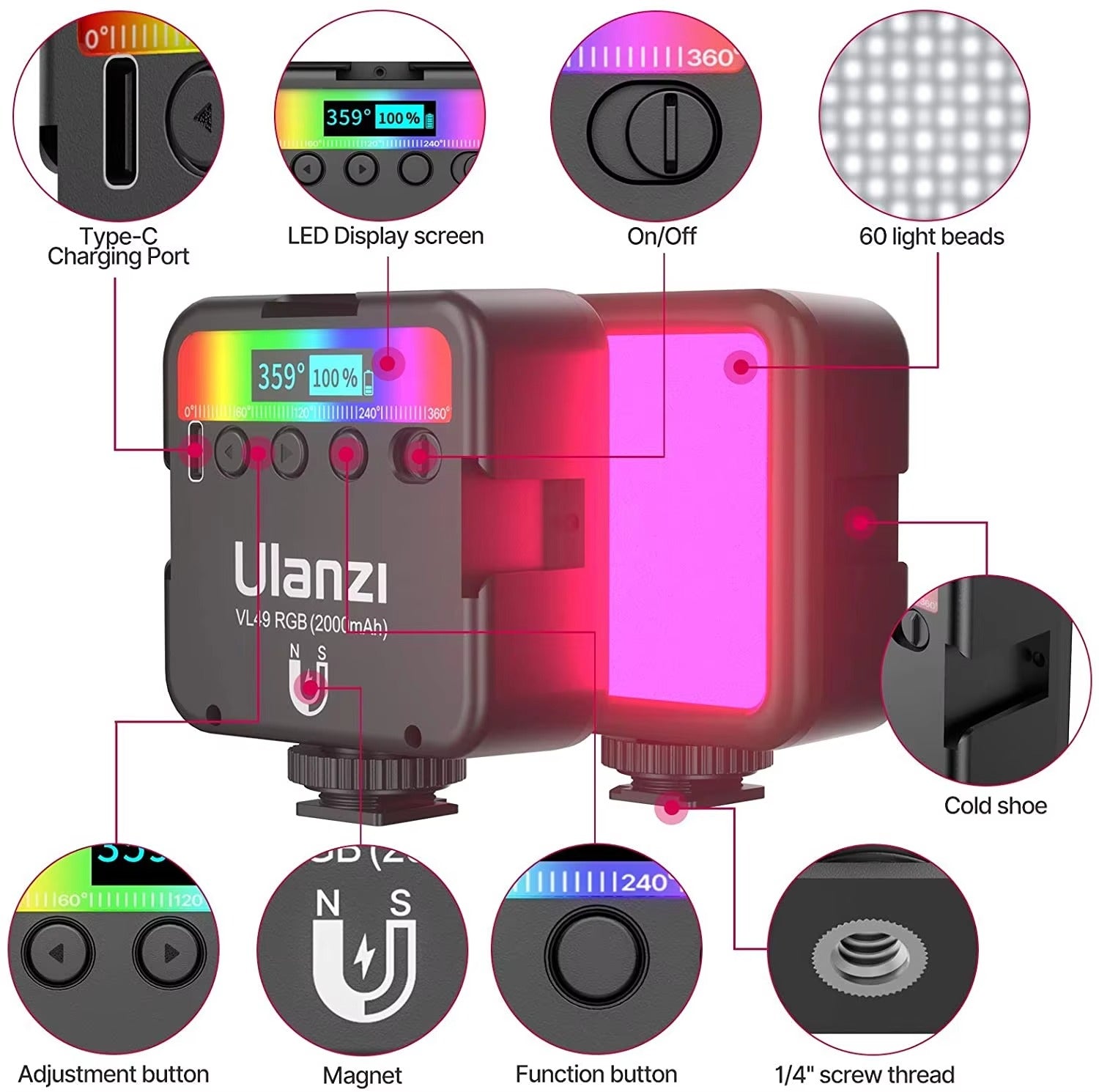 Premium, RGB LED Fill Light – Rechargeable 2000mAh Video Lamp with Cold Shoe, Compact Lighting Kit for Apple iPhone, Camera, 
