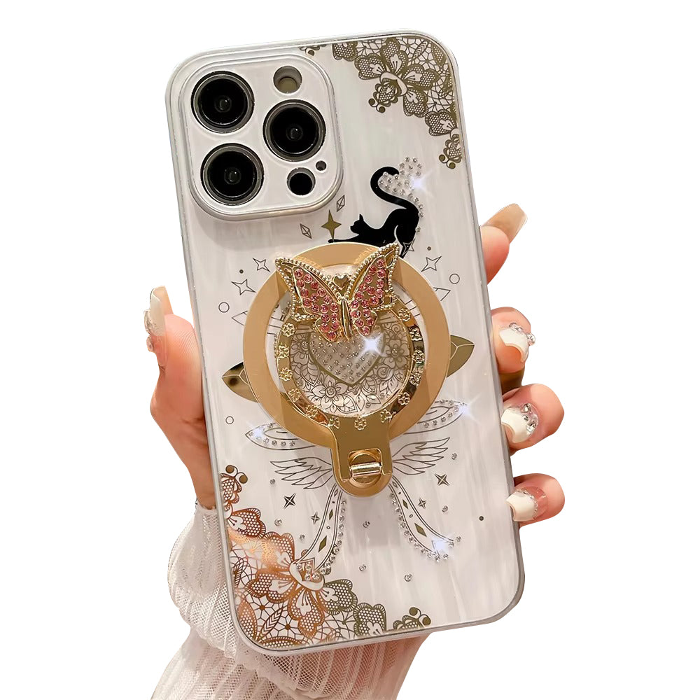 Luxuriöse Apple iPhone Hülle, MagSafe-kompatibel, Kameraobjektiv- und Bildschirmschutz, ultra dünn, stoßfest, magnetisch, vollständiger Rundumschutz, Nachtkatze Ring Cover