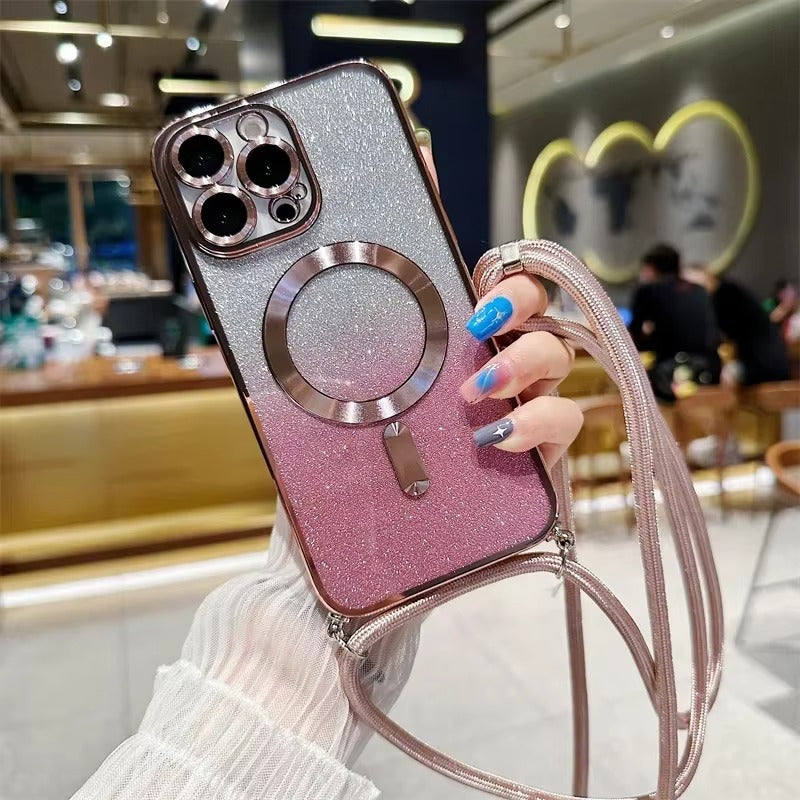 Premium Glitter Crossbody Apple iPhone Case, MagSafe Compatible, Ultra Thin Magnetic Shockproof Full Cover 
