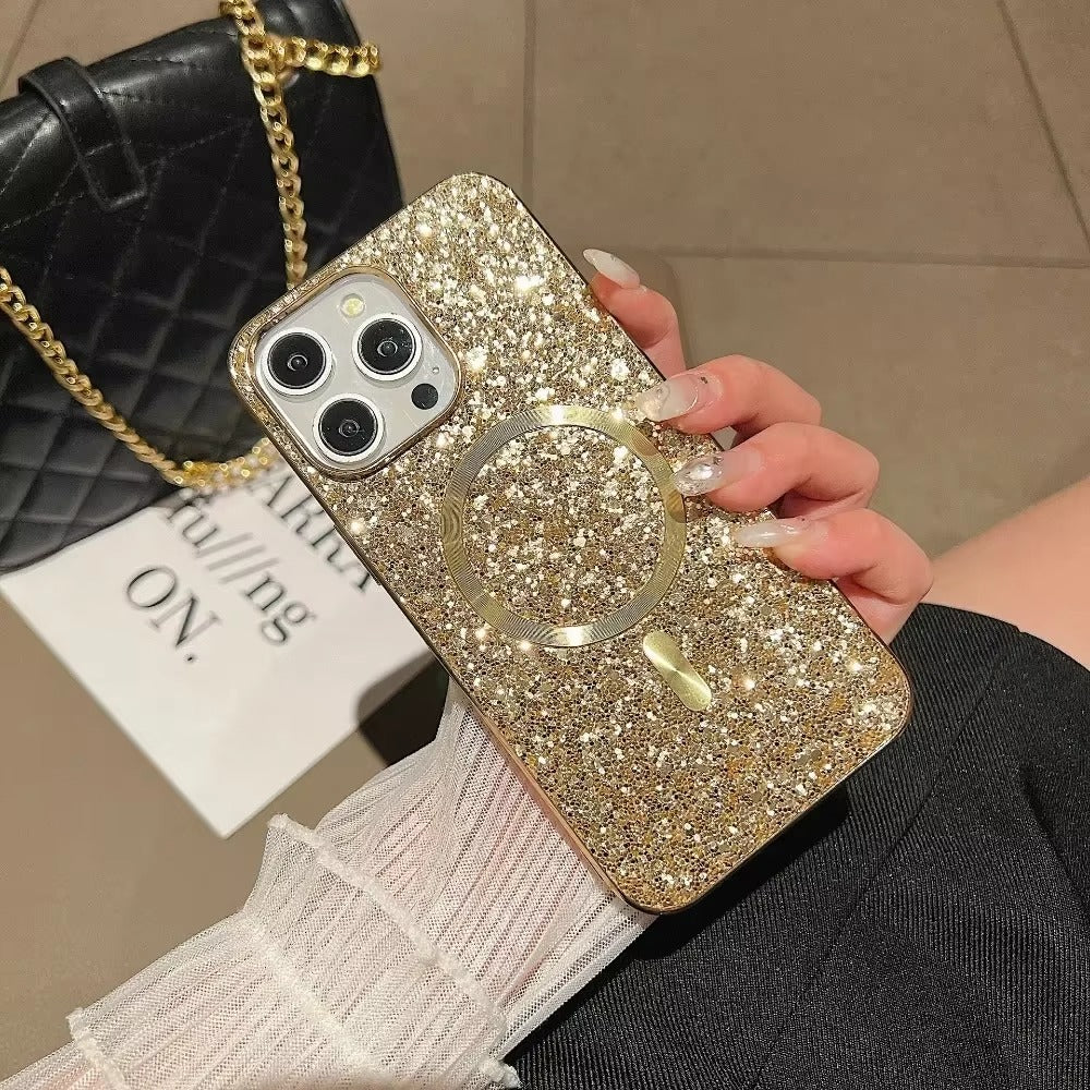 Luxury Apple iPhone Case, MagSafe Compatible, Camera Lens & Screen Protection, Ultra Thin, Shockproof, Magnetic Full All Around Cover – Bling Glitter Magnetic Case with Shockproof Protective Back for Stylish Appeal