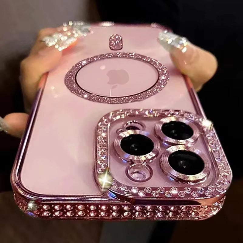 Luxury Apple iPhone Case, MagSafe Compatible, Camera Lens & Screen Protection, Ultra Thin, Shockproof, Magnetic Full All Around Cover – Glitter Diamond Transparent Case with Wireless Charging & Bumper Edge Design