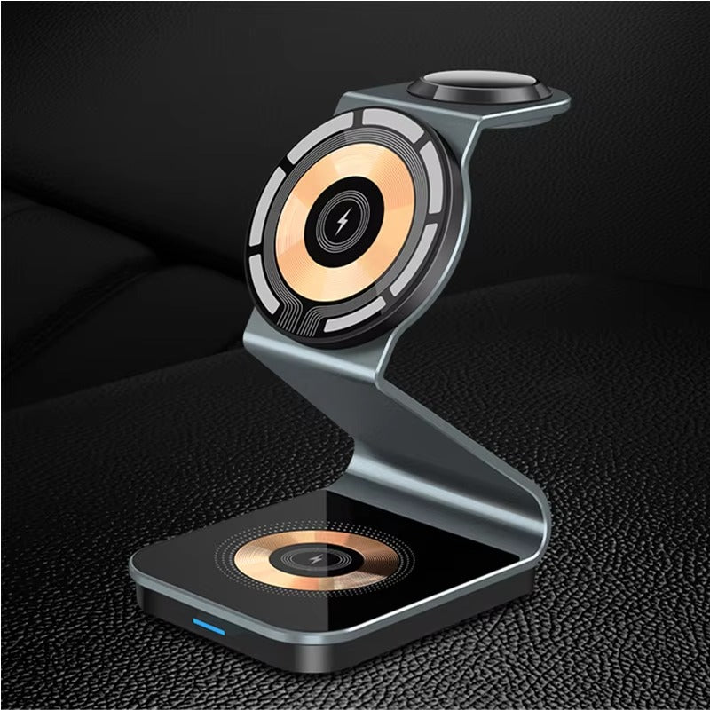 Luxury 3 in 1 Magnetic Wireless Charger Stand – Transparent Fast Charging Dock for iPhone, Apple Watch, AirPods with Aluminum Alloy Design, 15W Output