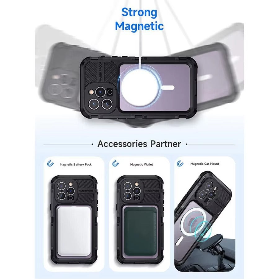 Robuste Apple iPhone Hülle, MagSafe-kompatibel, Kameraobjektiv- und Bildschirmschutz, ultradünne stoßfeste magnetische Rundumschutzabdeckung mit IP68 Metall-Militärdesign