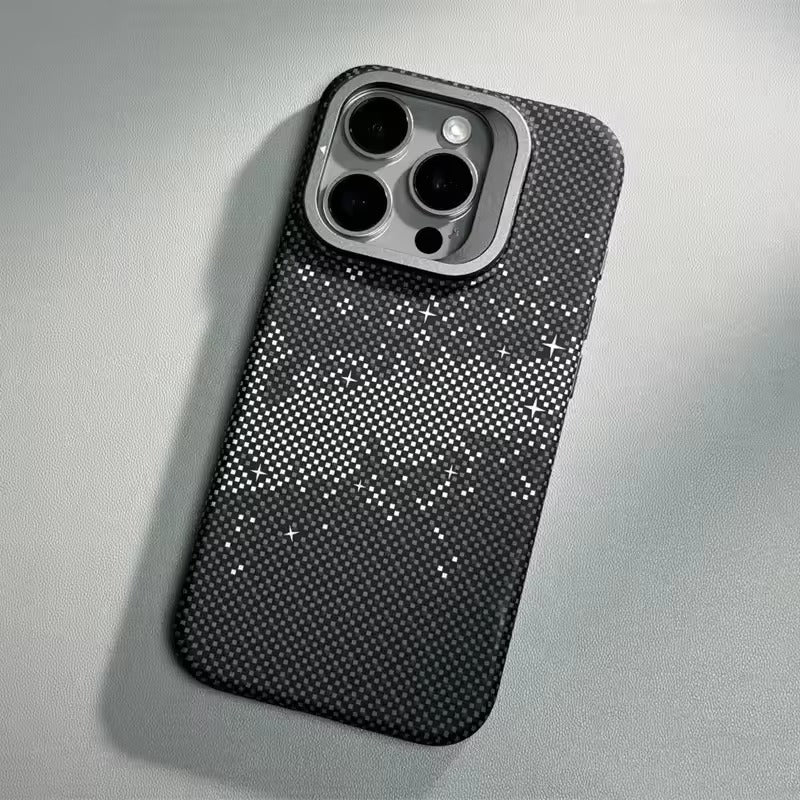 Luxury Apple iPhone Case, MagSafe Compatible, Camera Lens & Screen Protection, Ultra Thin, Shockproof, Magnetic Full All Around Cover – Matte Carbon Magnetic Slim Case with Stand, Lens Guard & Cloud Pattern Design