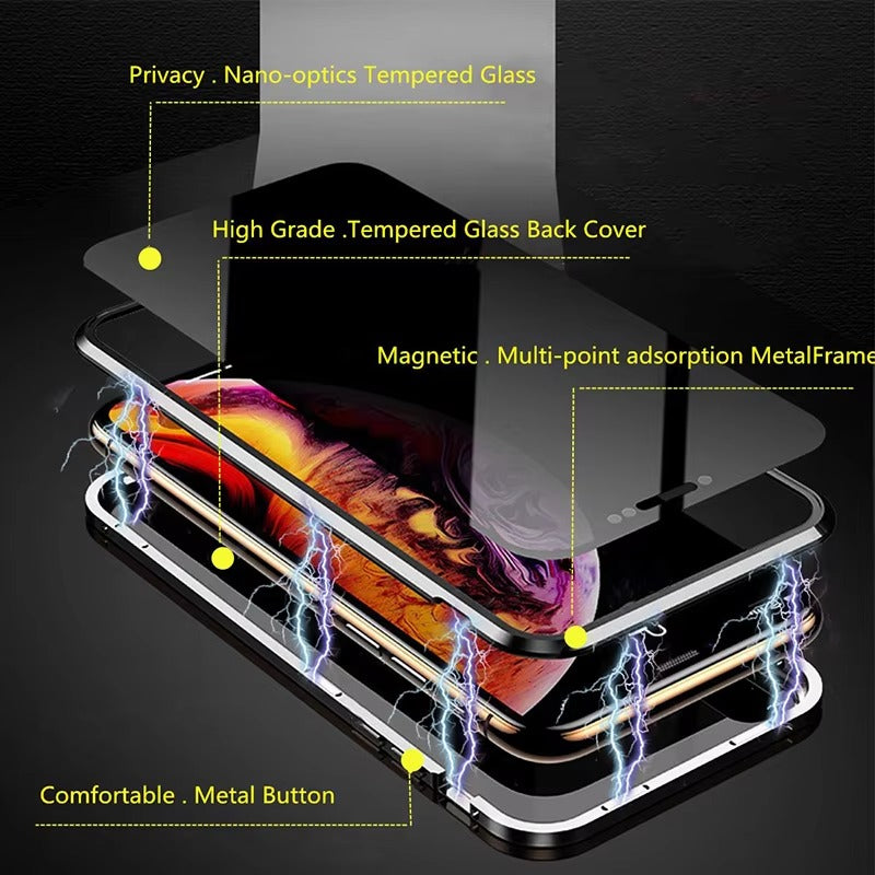 Luxury Apple iPhone Case, MagSafe Compatible, Camera Lens Protection, Screen Protection, Ultra Thin, Shockproof Magnetic Cover, Privacy Glass Frame