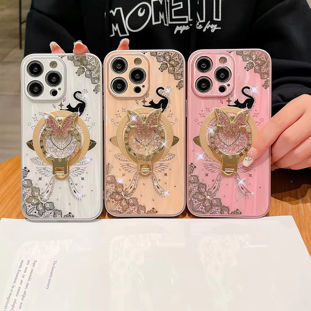 Luxuriöse Apple iPhone Hülle, MagSafe-kompatibel, Kameraobjektiv- und Bildschirmschutz, ultra dünn, stoßfest, magnetisch, vollständiger Rundumschutz, Nachtkatze Ring Cover