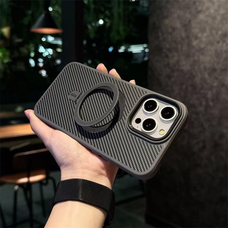 Premium Apple iPhone Case, MagSafe Compatible, Camera Lens & Screen Protection, Ultra Thin, Shockproof, Magnetic Full All Around Cover – Kevlar Carbon Fiber Texture Case with Magnetic Holder & Shockproof Back Design
