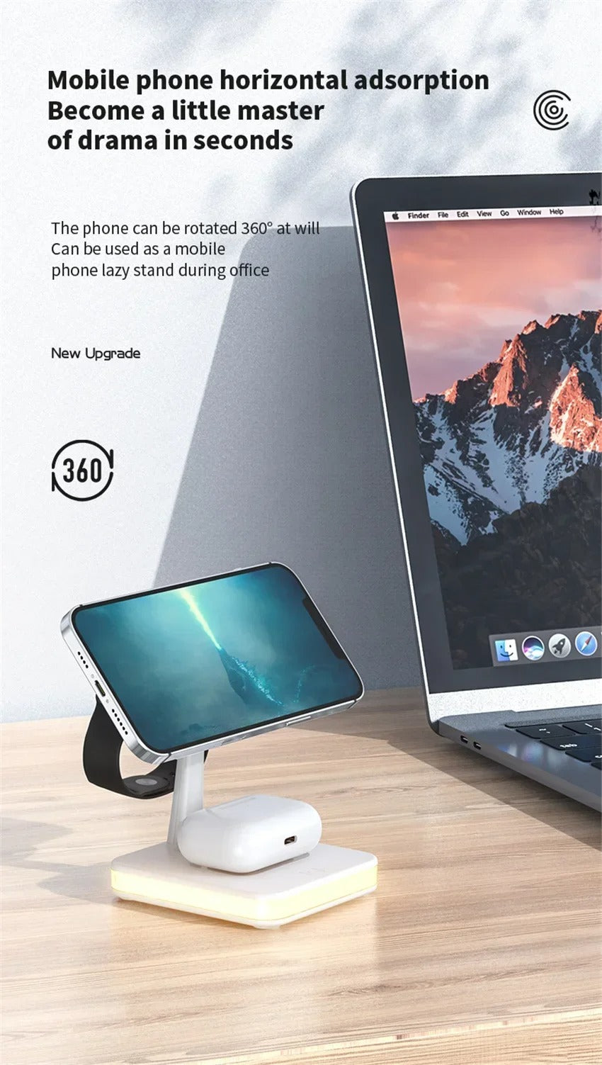 Premium 4 in 1 Magnetic Wireless Charging Station – 30W Fast Charger Stand with LED Lamp, Cooling Fan, USB Output for Phones, AirPods and Apple Watch