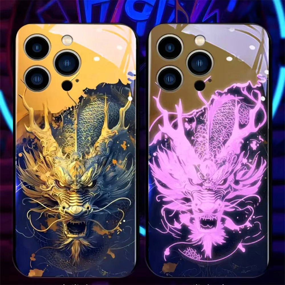 Premium Apple iphone  Case, LED Flash, Sound Reactive, Shockproof, Ultra Thin, Full Body Protection, Golden Dragon Luminous Glass Cover