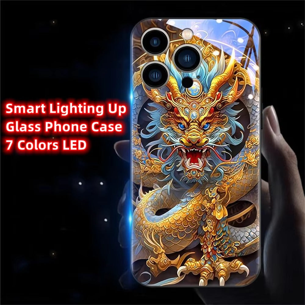 Premium Apple iphone  Case, LED Flash, Sound Reactive, Shockproof, Ultra Thin, Full Body Protection, Golden Dragon Luminous Glass Cover