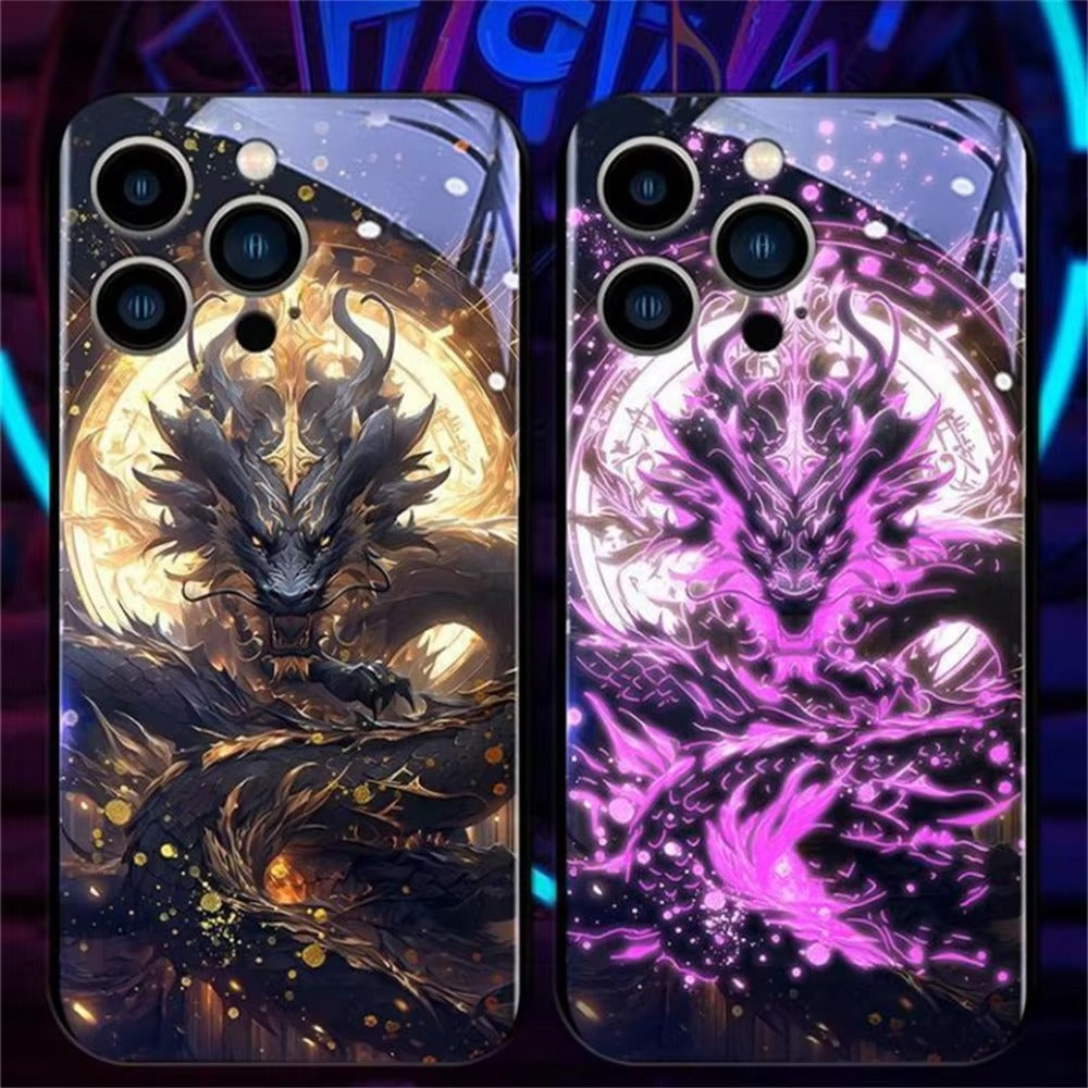 Premium Apple iphone  Case, LED Flash, Sound Reactive, Shockproof, Ultra Thin, Full Body Protection, Golden Dragon Luminous Glass Cover