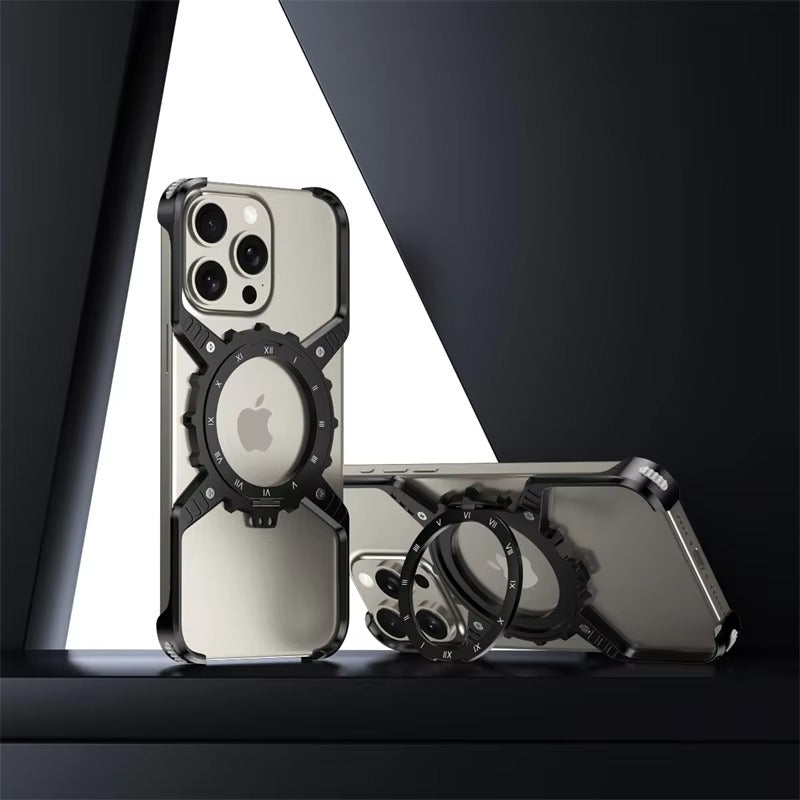 Robust Apple iPhone Case, MagSafe Compatible, Camera Lens & Screen Protection, Ultra Thin, Shockproof, Magnetic Full All Around Cover – X-Shaped Gear Aluminum Case with 360° Stand & Noctilucent Frameless Design