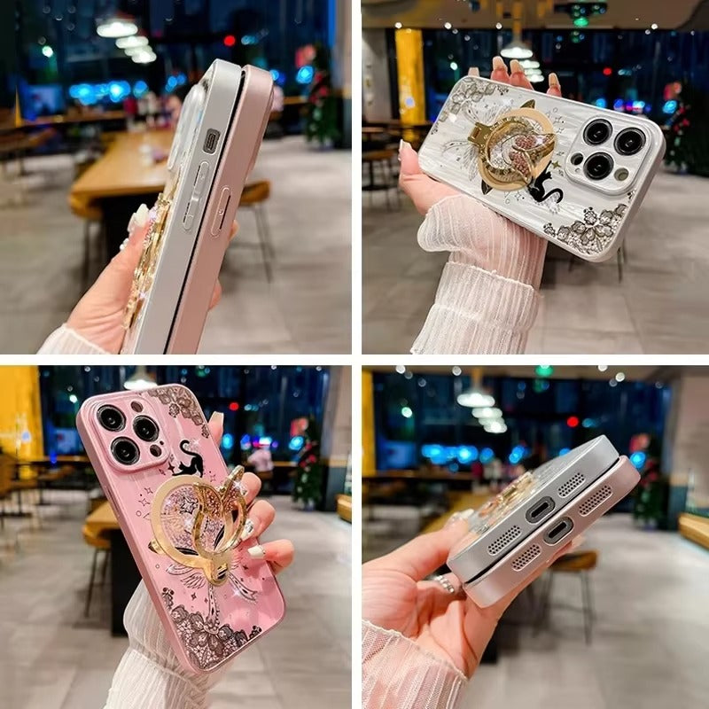 Luxuriöse Apple iPhone Hülle, MagSafe-kompatibel, Kameraobjektiv- und Bildschirmschutz, ultra dünn, stoßfest, magnetisch, vollständiger Rundumschutz, Nachtkatze Ring Cover