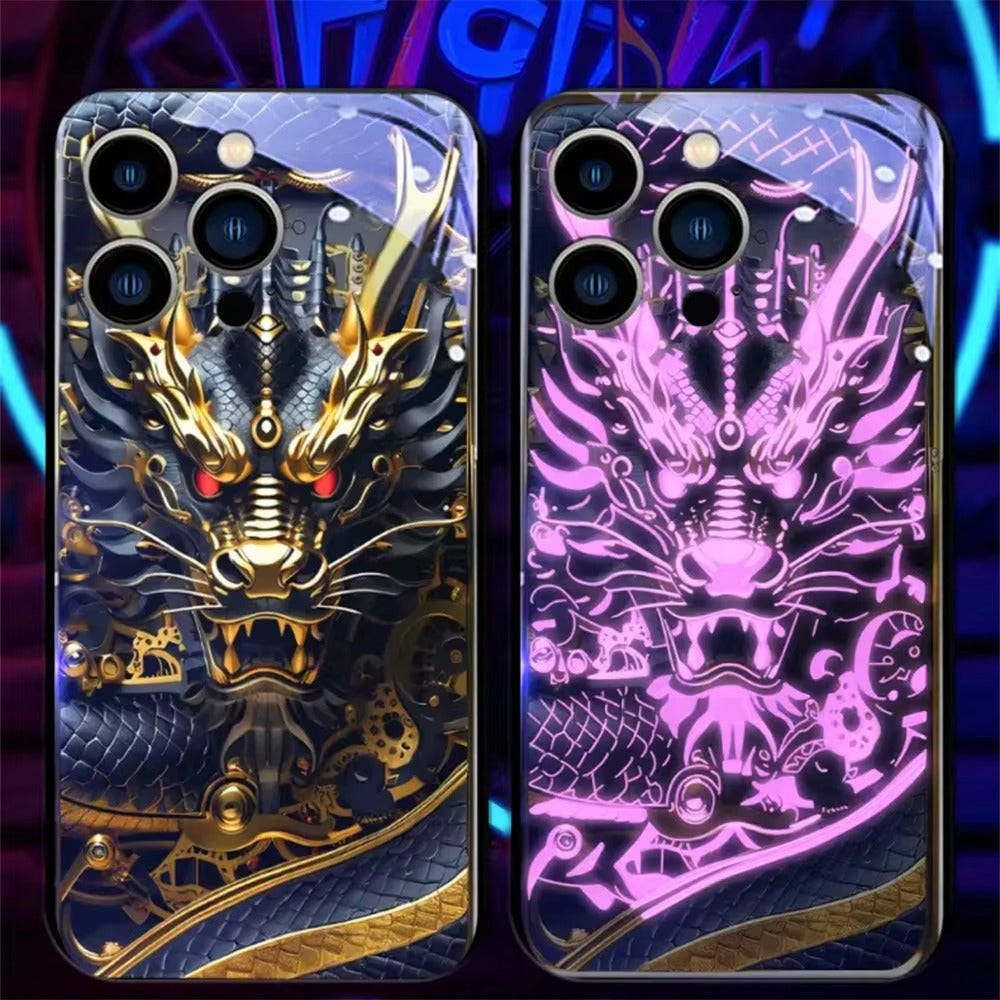Premium Apple iphone  Case, LED Flash, Sound Reactive, Shockproof, Ultra Thin, Full Body Protection, Golden Dragon Luminous Glass Cover