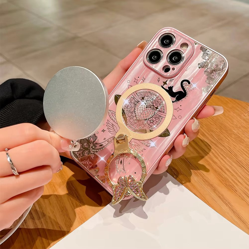 Luxuriöse Apple iPhone Hülle, MagSafe-kompatibel, Kameraobjektiv- und Bildschirmschutz, ultra dünn, stoßfest, magnetisch, vollständiger Rundumschutz, Nachtkatze Ring Cover