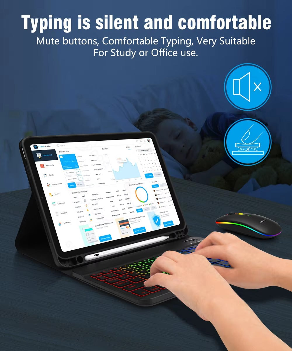 Premium 10-Inch Backlit Bluetooth Keyboard and Mouse Multi-Device Combo for iPad, Android, Windows, and iOS Tablets