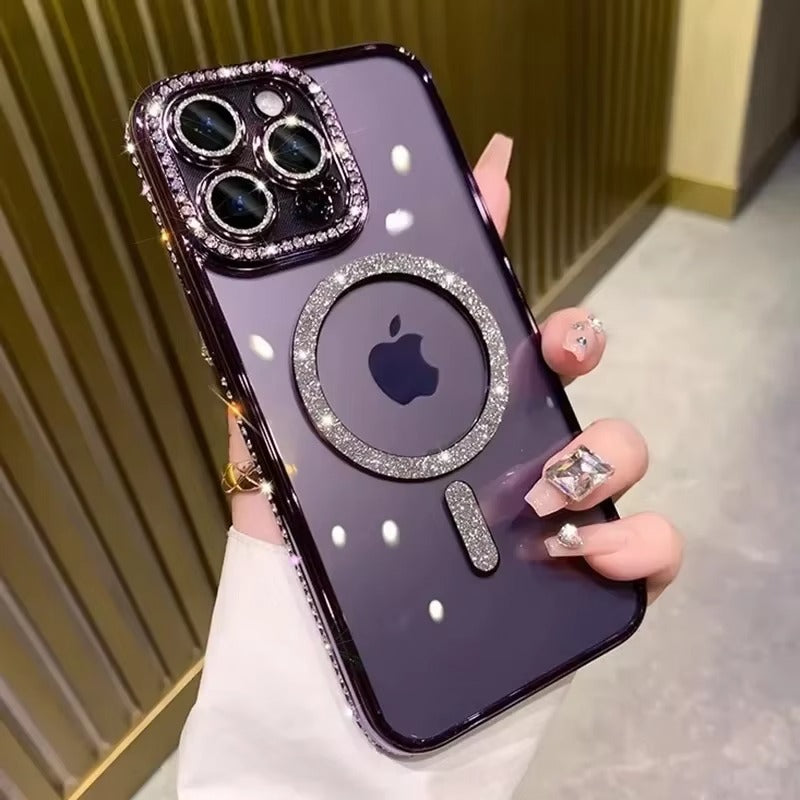 Luxury Pink Glitter Apple iPhone Case, MagSafe Compatible, Ultra Thin Magnetic Shockproof Full Protection Cover and Diamond Clear Plated Shell