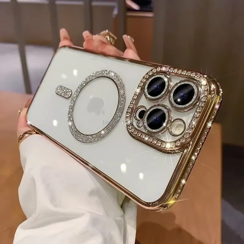 Luxury Pink Glitter Apple iPhone Case, MagSafe Compatible, Ultra Thin Magnetic Shockproof Full Protection Cover and Diamond Clear Plated Shell
