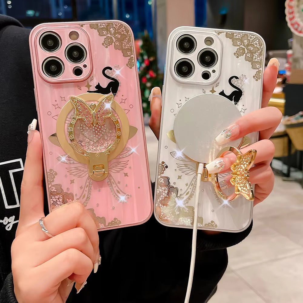 Luxuriöse Apple iPhone Hülle, MagSafe-kompatibel, Kameraobjektiv- und Bildschirmschutz, ultra dünn, stoßfest, magnetisch, vollständiger Rundumschutz, Nachtkatze Ring Cover