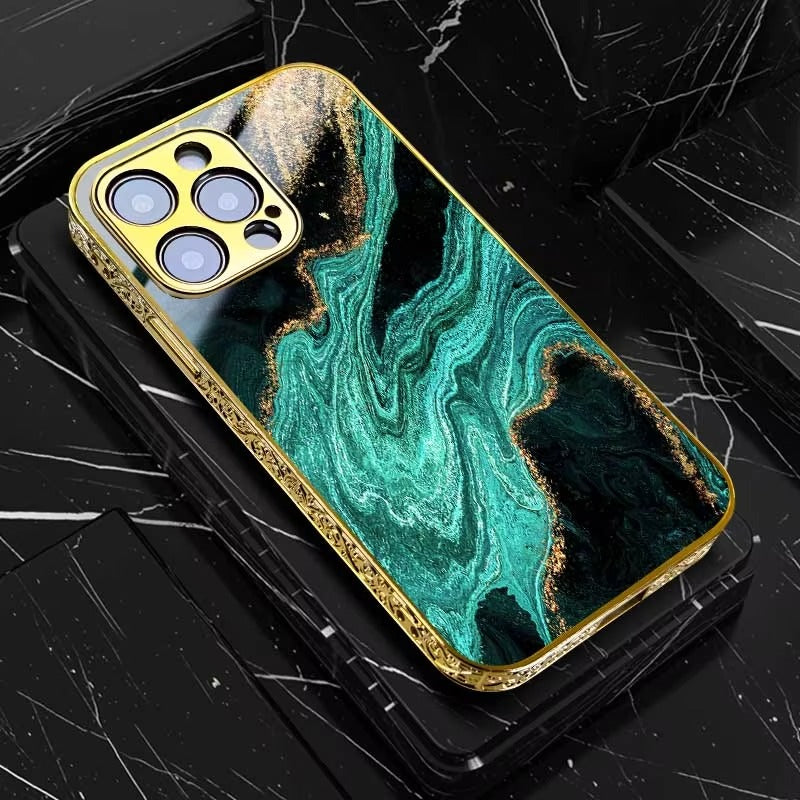 Luxury Apple iPhone Case, MagSafe Compatible, Camera Lens Protection, Screen Protection, Ultra Thin, Shockproof Cover with Gold Marble Pattern Design