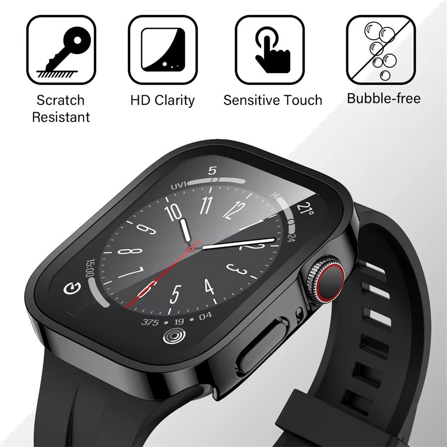 High Quality Tempered Glass Case for Apple Watch – Straight Edge, Full Coverage Display Protector Film, Shock-Resistant Shell for 40mm to 45mm Smartwatches