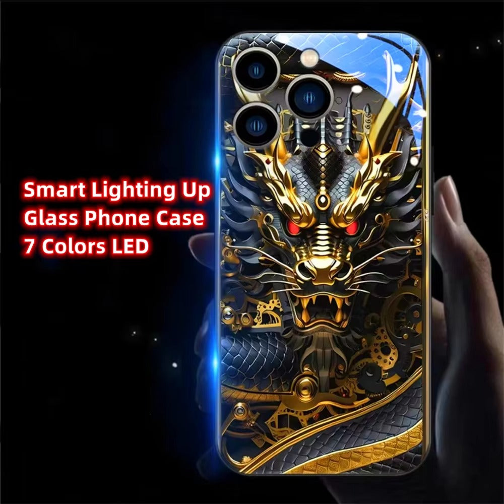 Premium Apple iphone  Case, LED Flash, Sound Reactive, Shockproof, Ultra Thin, Full Body Protection, Golden Dragon Luminous Glass Cover