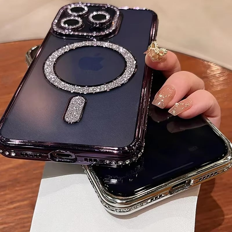 Luxury Pink Glitter Apple iPhone Case, MagSafe Compatible, Ultra Thin Magnetic Shockproof Full Protection Cover and Diamond Clear Plated Shell