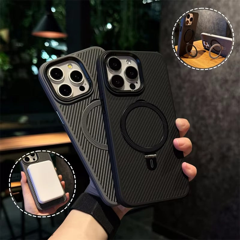 Premium Apple iPhone Case, MagSafe Compatible, Camera Lens & Screen Protection, Ultra Thin, Shockproof, Magnetic Full All Around Cover – Kevlar Carbon Fiber Texture Case with Magnetic Holder & Shockproof Back Design