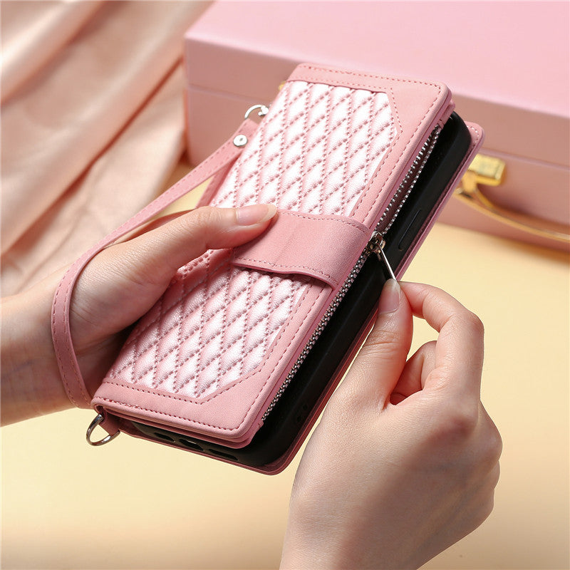 Luxury Flip Leather Wallet iPhone Case – Long Lanyard, Zipper Closure, Card Holder, and Premium Design for iPhone