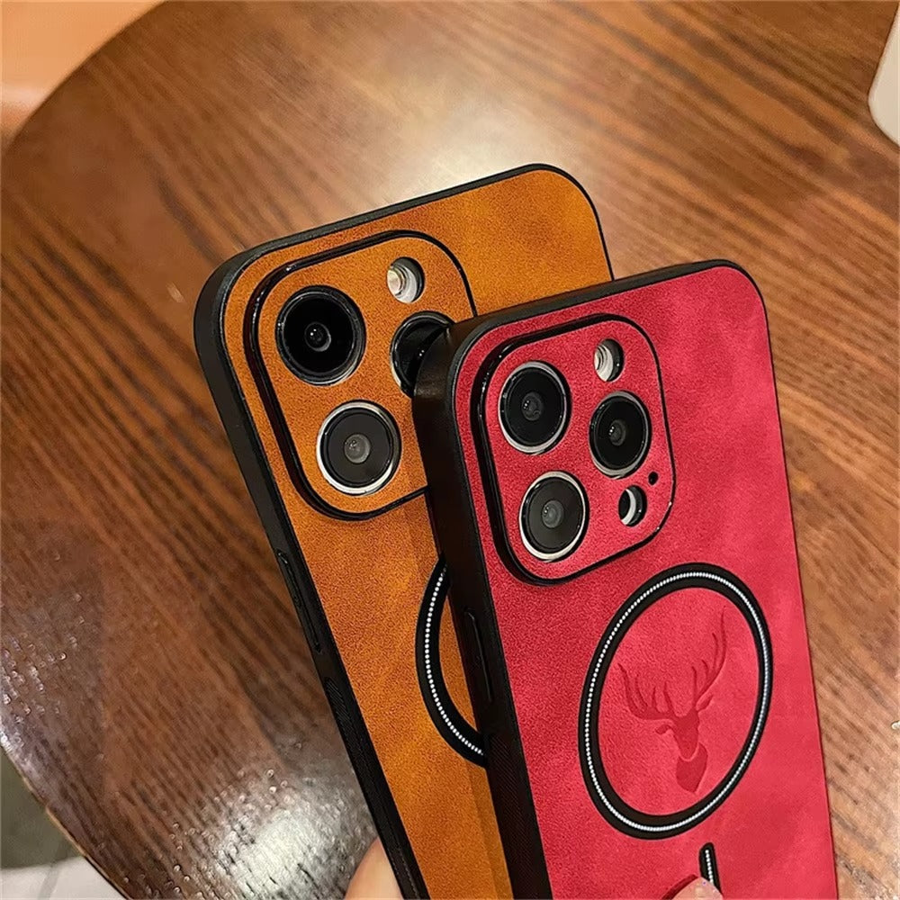 Luxury PU Leather MagSafe iPhone Case – Deer Embossed Design,  Stylish & Durable Full Protection Cover | Case for iPhone