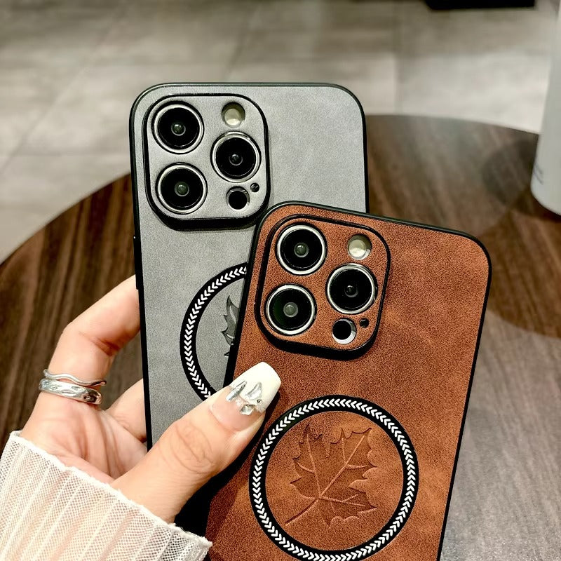 Premium Retro Leather Maple Leaf iPhone Case – MagSafe Charging, Stylish & Durable Full Protection Cover | Case for iPhone