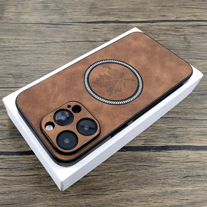 Premium Retro Leather Maple Leaf iPhone Case – MagSafe Charging, Stylish & Durable Full Protection Cover | Case for iPhone