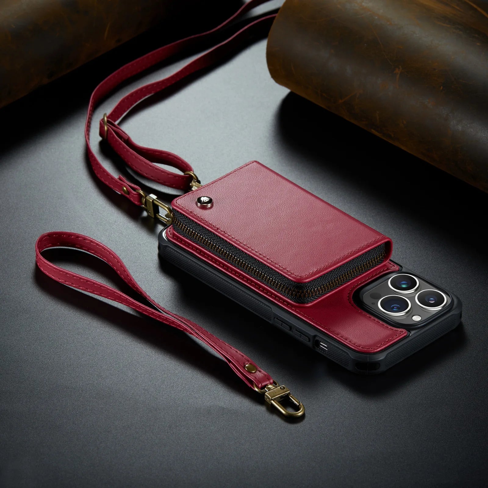 Luxury Leather Wallet Crossbody iPhone Case – Card Slot Holder, Stand Function, Hand Lanyard Strap, Shockproof Protection for iPhone