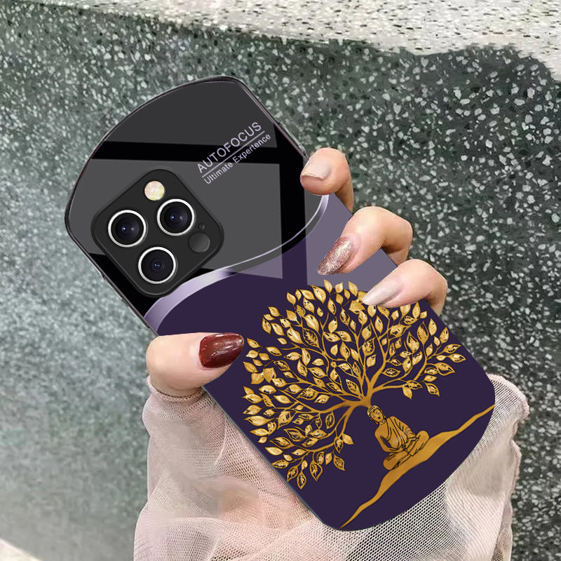 Golden Wealth Tree Phone Case – Elegant Tempered Glass for iPhone Models, Durable Protection, Stylish Elliptical Design