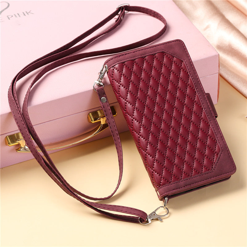 Luxury Flip Leather Wallet iPhone Case – Long Lanyard, Zipper Closure, Card Holder, and Premium Design for iPhone