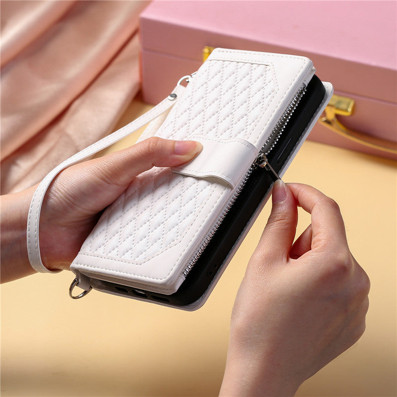 Luxury Flip Leather Wallet iPhone Case – Long Lanyard, Zipper Closure, Card Holder, and Premium Design for iPhone