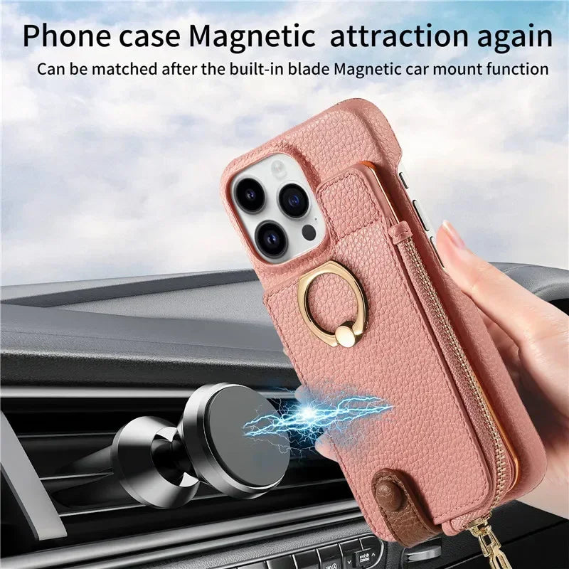 Luxury Leather Zipper Wallet iPhone Case – Card Holder, Ring Kickstand, Shockproof Cover for iPhone Models