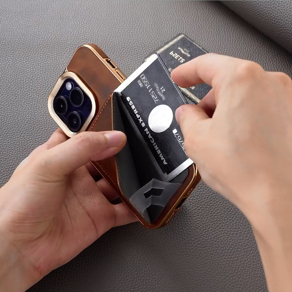 Luxuriöse Rindsleder Geldbörse iPhone Hülle – Magnetischer Kartenhalter, Plattierungsschale, Stoßfesten Schutz, Premium Design für iPhone Modelle