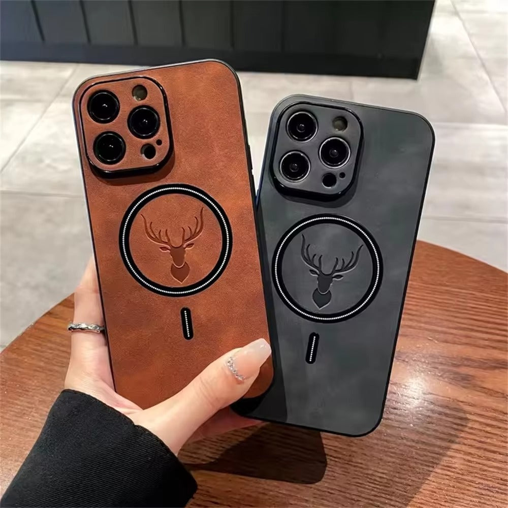 Luxury PU Leather MagSafe iPhone Case – Deer Embossed Design,  Stylish & Durable Full Protection Cover | Case for iPhone