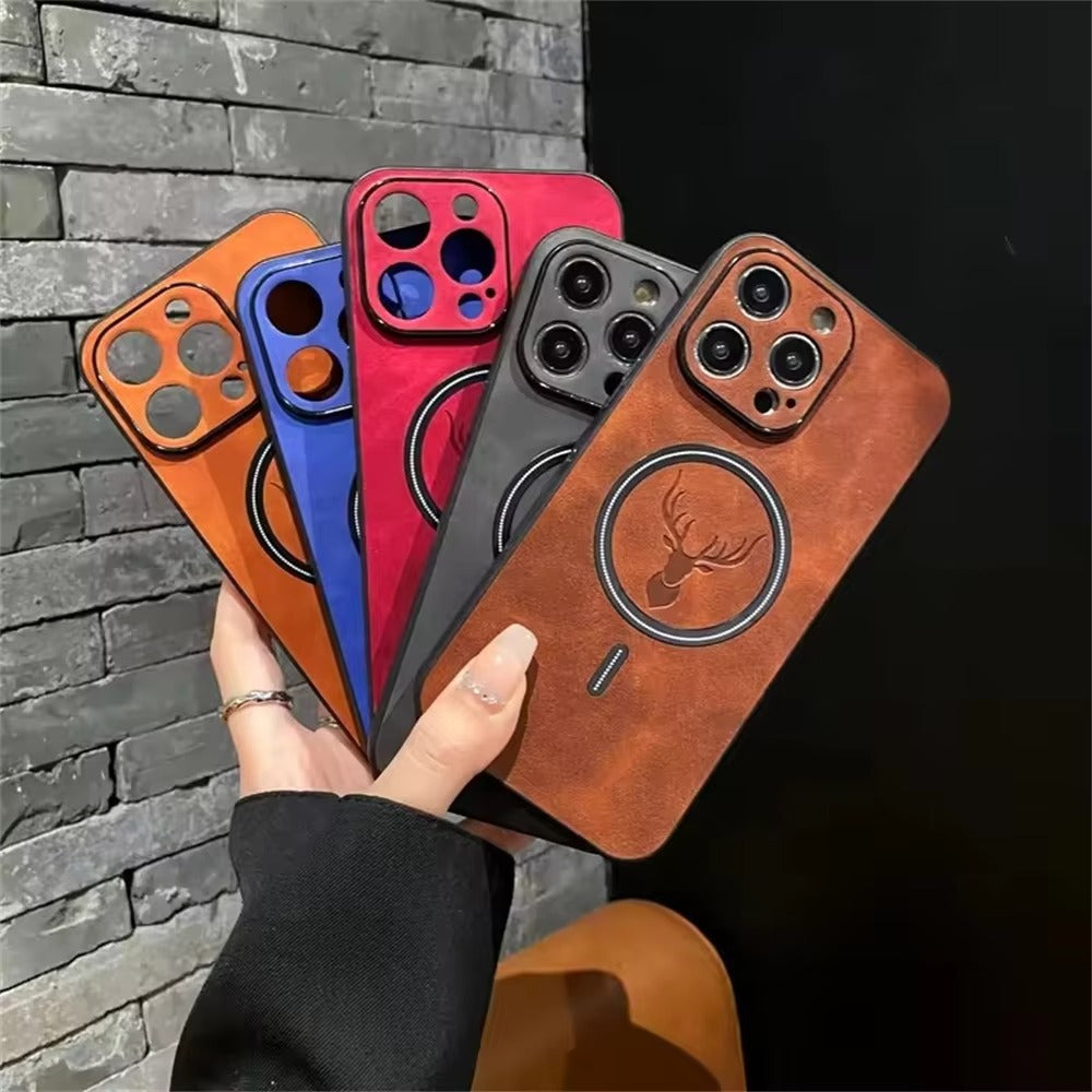 Luxury PU Leather MagSafe iPhone Case – Deer Embossed Design,  Stylish & Durable Full Protection Cover | Case for iPhone