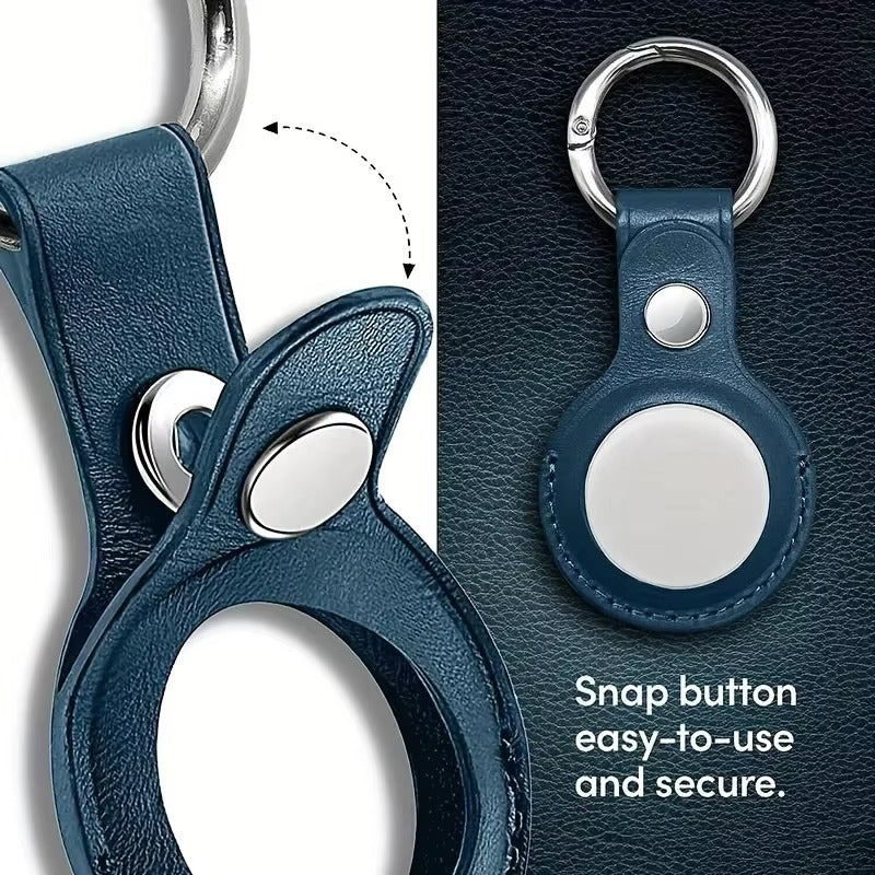 Luxury Leather AirTag Keychain Holder – Anti-Scratch Pet Tracker Cover, Secure Snap Button, Stylish Protective Case for iOS, Key Ring Included