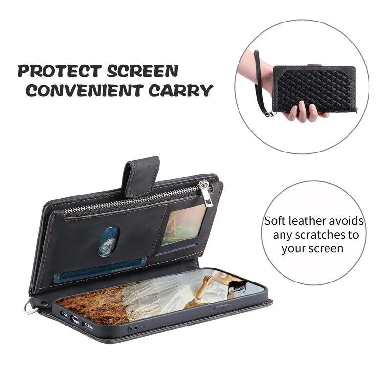 Luxury Flip Leather Wallet iPhone Case – Long Lanyard, Zipper Closure, Card Holder, and Premium Design for iPhone