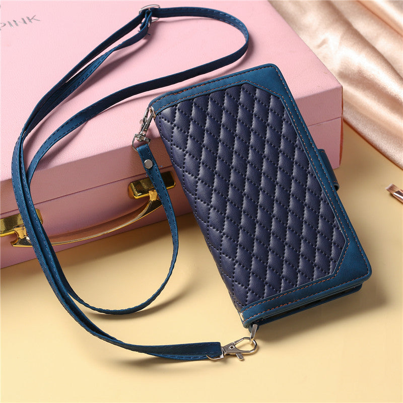 Luxury Flip Leather Wallet iPhone Case – Long Lanyard, Zipper Closure, Card Holder, and Premium Design for iPhone