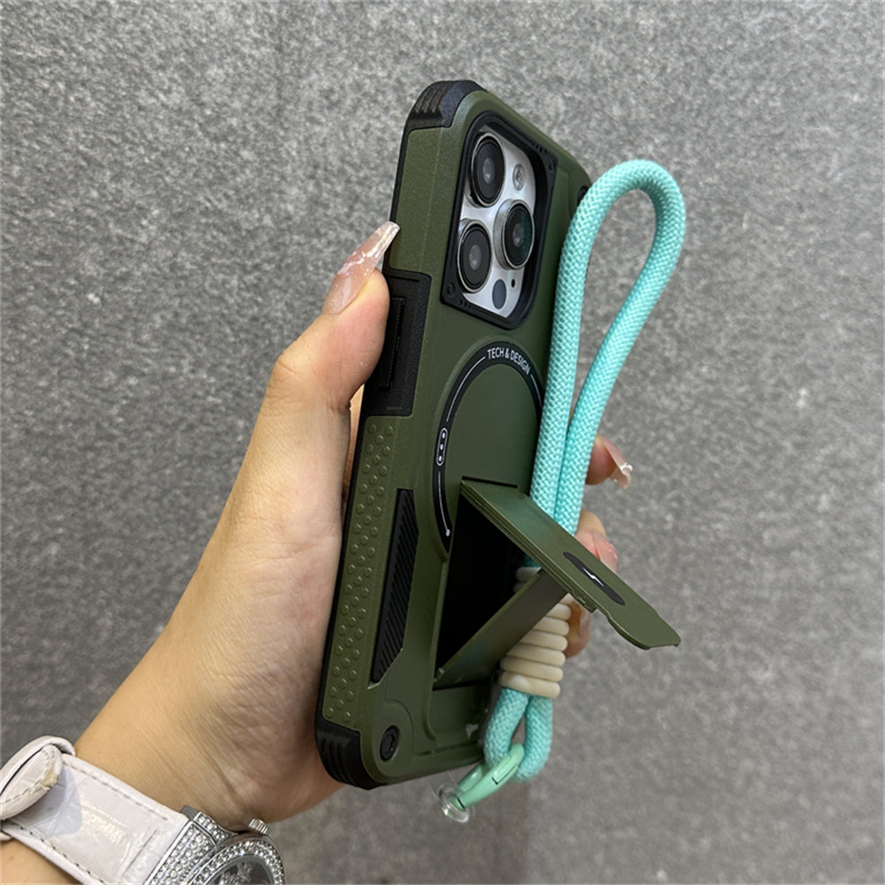 Deluxe Armor Stealth Bracket iPhone Case – Magnetic Super Fall Proof, Hard Shell with Lanyard, Protection for iPhone Models