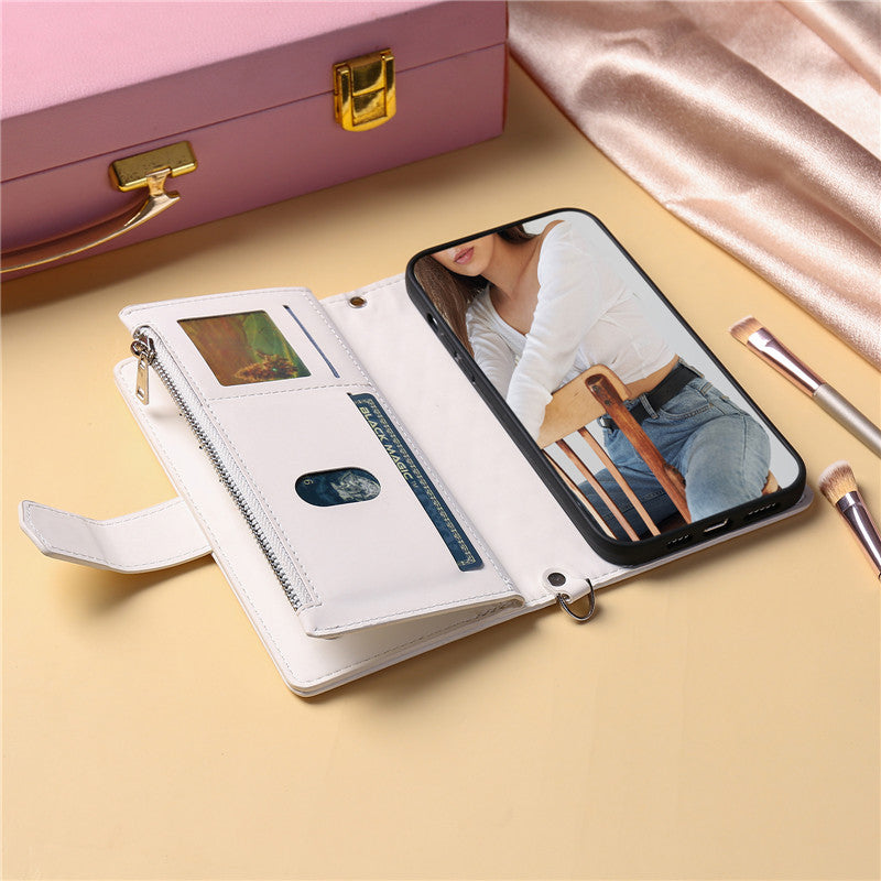 Luxury Flip Leather Wallet iPhone Case – Long Lanyard, Zipper Closure, Card Holder, and Premium Design for iPhone