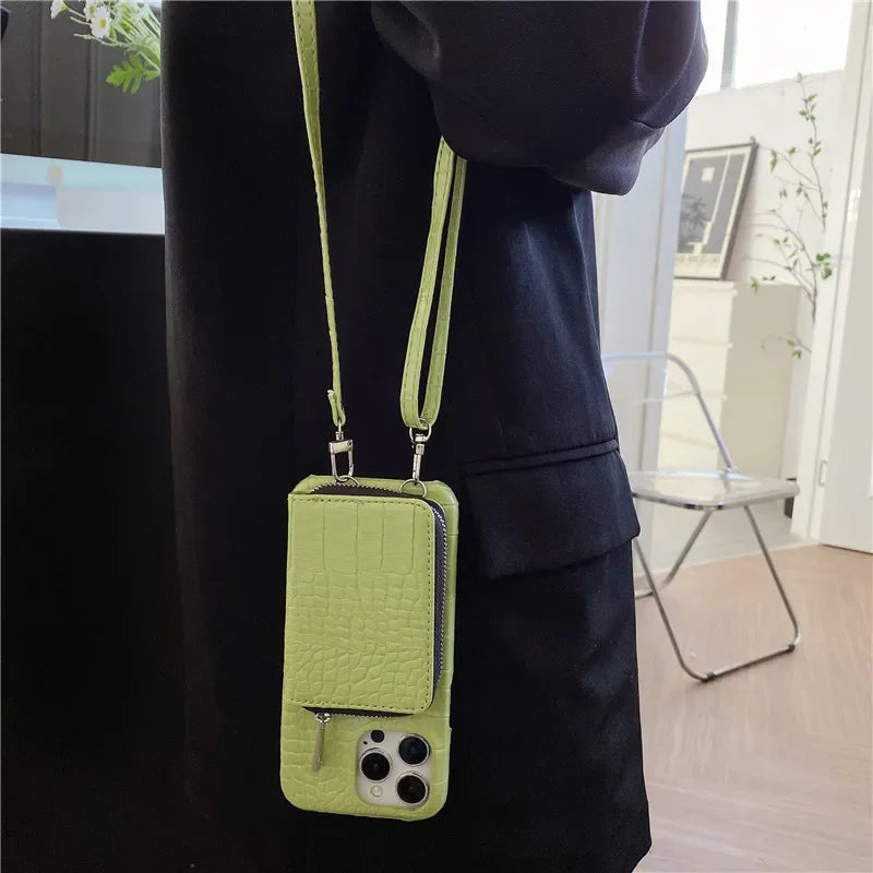 Luxuriöse Crossbody-iPhone-Hülle aus Krokodilleder – Reißverschluss-Geldbörse, Kartenhalter, stoßfeste Schutzfunktion und elegantes Design für sichere und stilvolle Bequemlichkeit