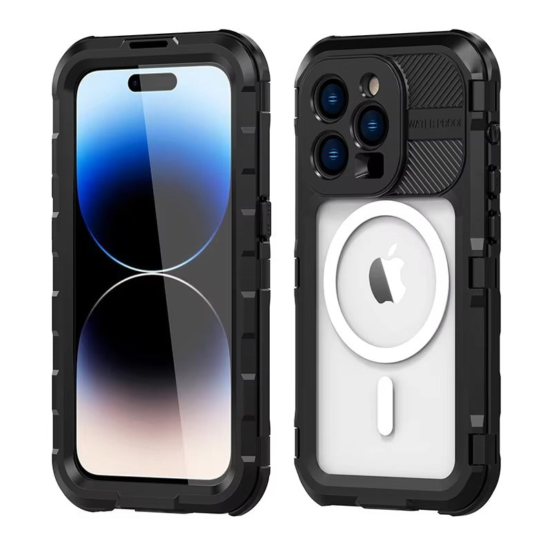 Robuste Apple iPhone Hülle, MagSafe-kompatibel, Kameraobjektiv- und Bildschirmschutz, ultradünne stoßfeste magnetische Rundumschutzabdeckung mit IP68 Metall-Militärdesign