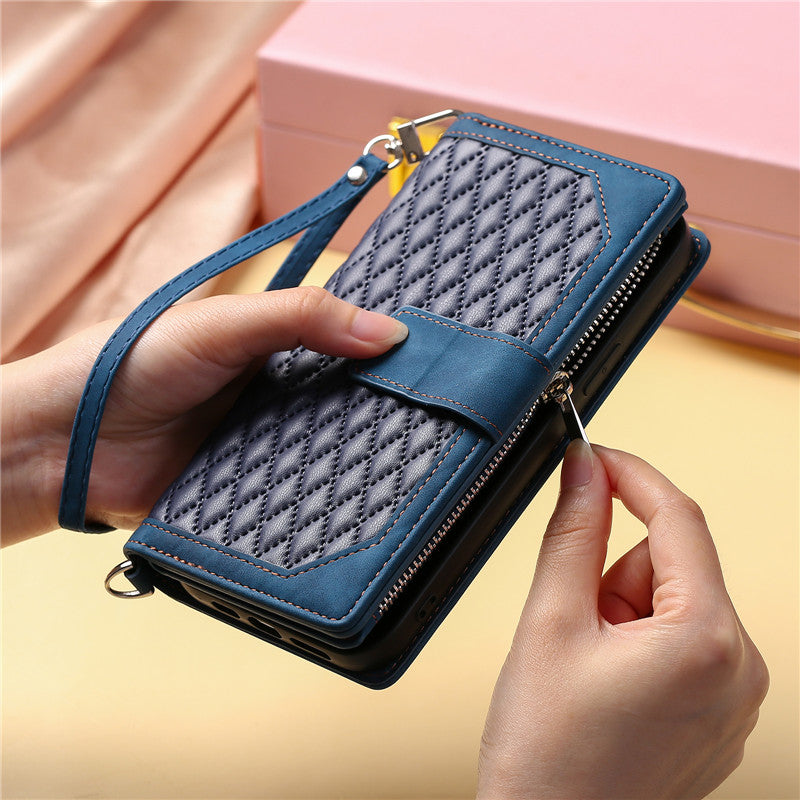 Luxury Flip Leather Wallet iPhone Case – Long Lanyard, Zipper Closure, Card Holder, and Premium Design for iPhone
