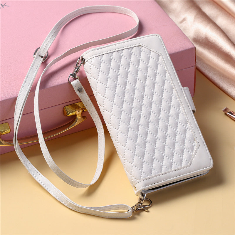 Luxury Flip Leather Wallet iPhone Case – Long Lanyard, Zipper Closure, Card Holder, and Premium Design for iPhone